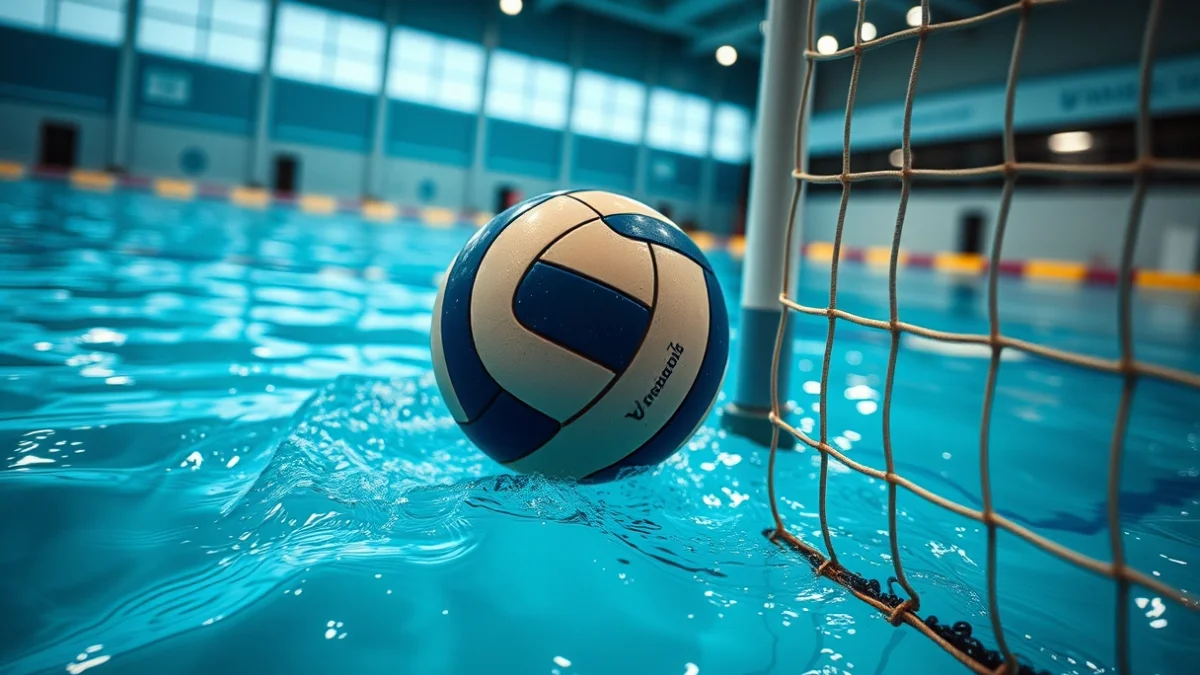 Generic image of a water polo ball in the goal of a competition swimming pool.