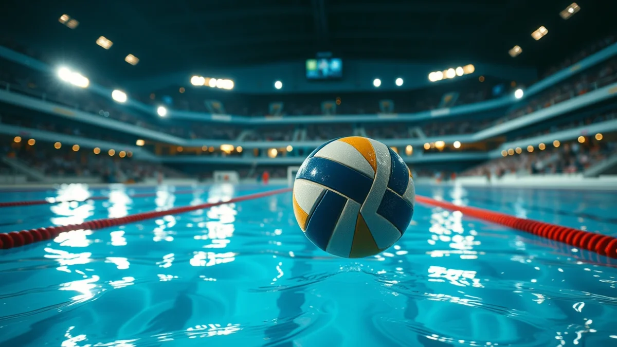 Imatge genèrica d'una pilota de waterpolo a la superfície d'una piscina de competició.