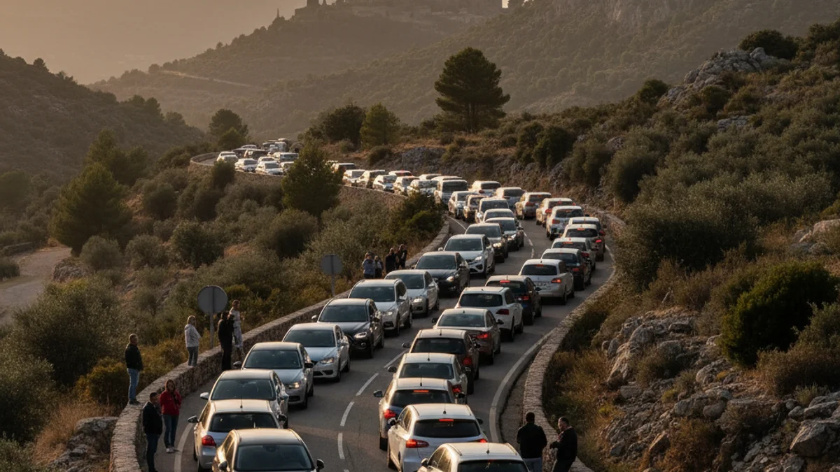 Imagen genérica de una caravana de vehículos en una carretera de montaña.