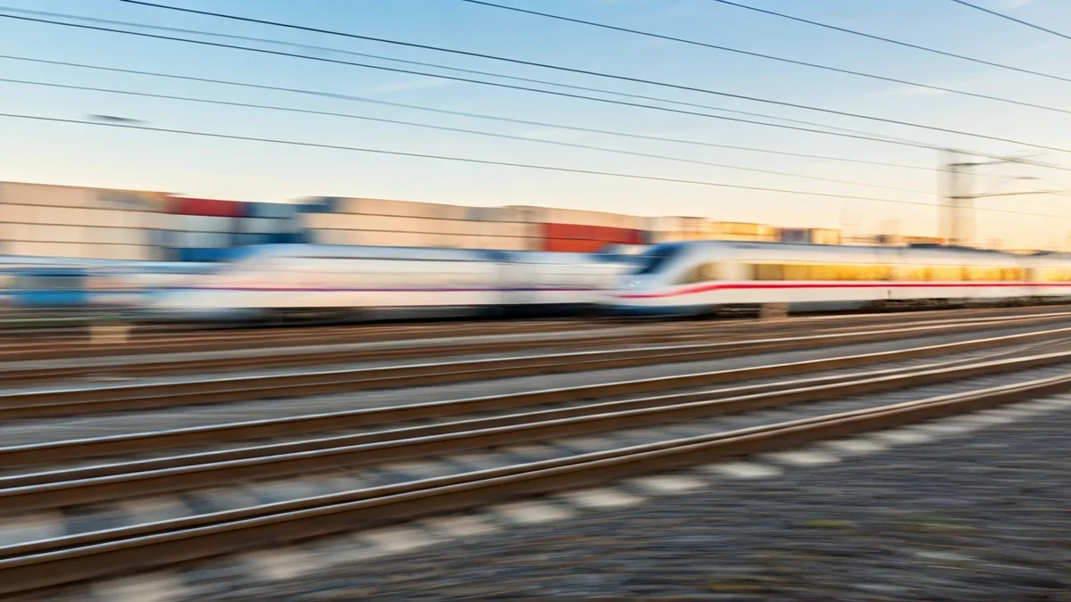 Imatge genèrica d'una via de tren amb un tren en moviment en un entorn logístic.