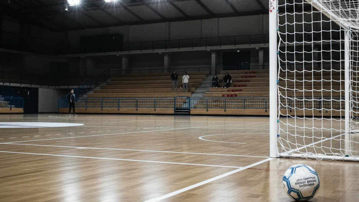 Imatge genèrica d'una pilota de futbol sala en una pista poliesportiva.