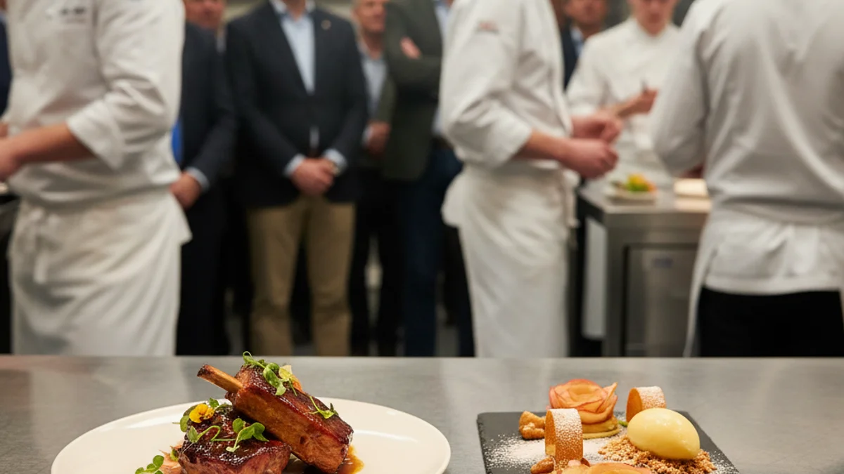 Imatge genèrica d'un plat de costella de porc i postres de poma en un concurs de cuina professional.