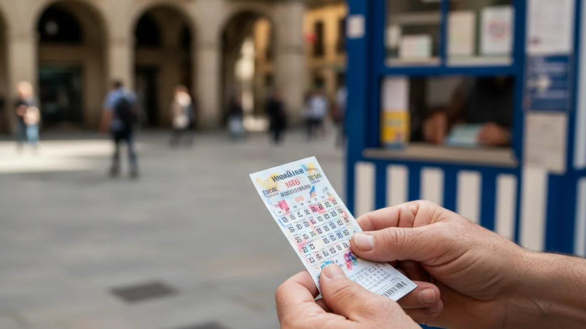 Imagen genérica de un boleto de lotería premiado frente a un quiosco de venta de cupones.