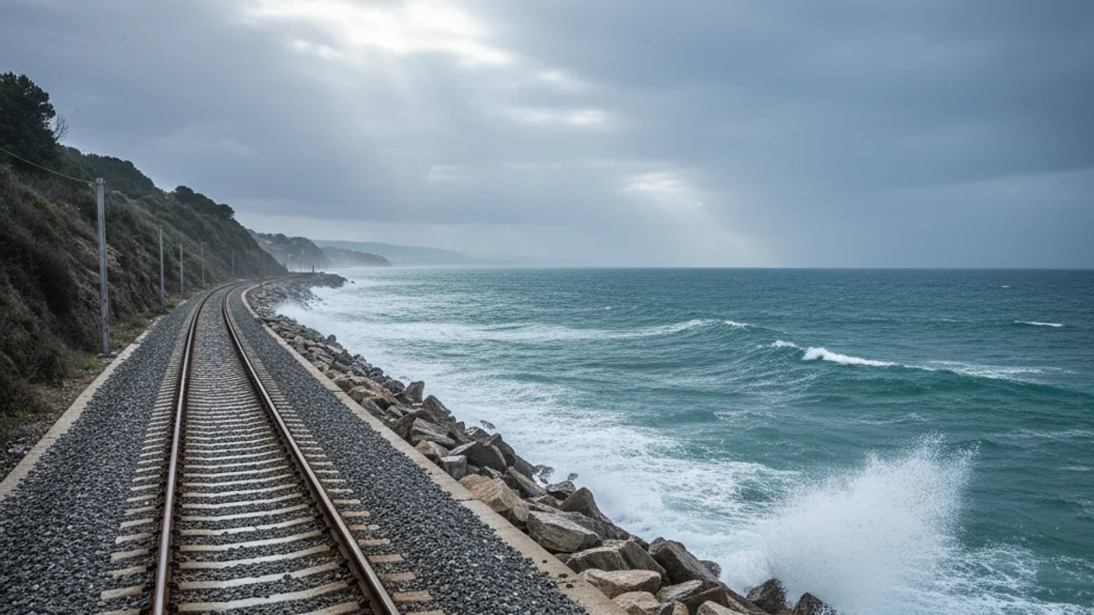 Generic image of the R1 railway tracks by the sea with a protective breakwater.