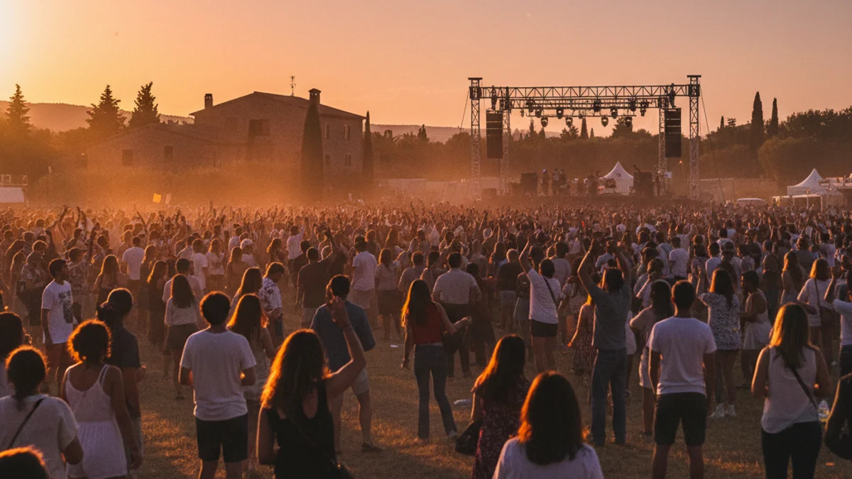 Imagen genérica de un festival de música al aire libre durante el atardecer.
