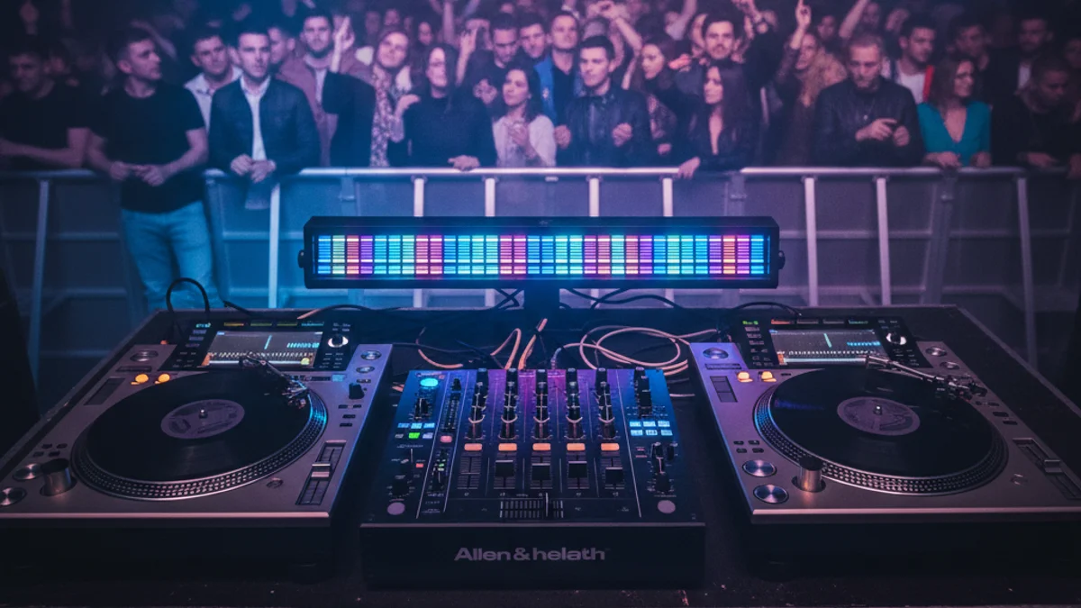 Imatge genèrica d'una taula de mescles en un club de música electrònica amb llums blaves.