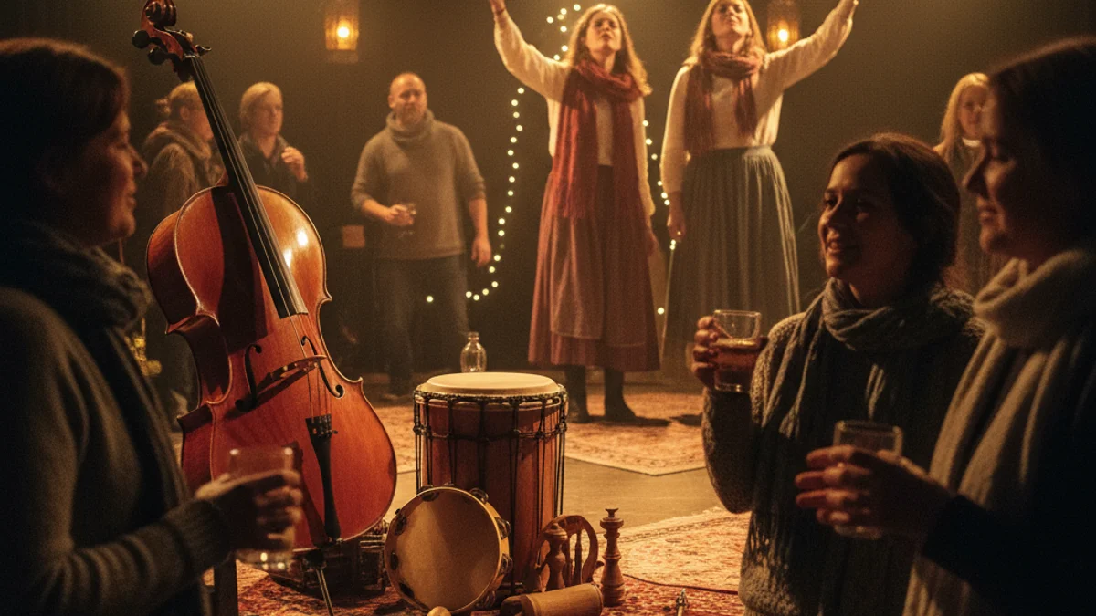 Imagen genérica de un concierto de música folk con un violonchelo e instrumentos de percusión en un escenario íntimo.