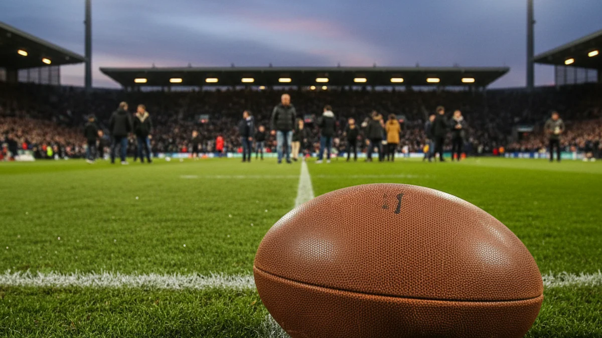 Generic image of a rugby ball on a sports field grass.