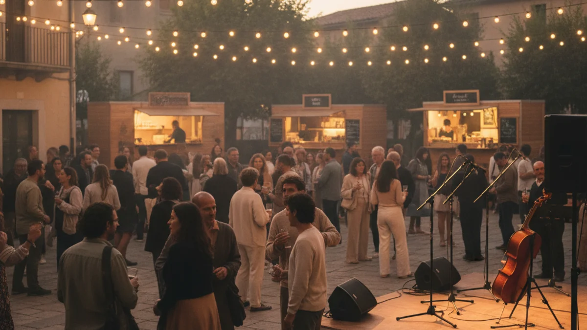 Imatge genèrica d'un festival de música íntim en una plaça amb llums càlides i ambient festiu.