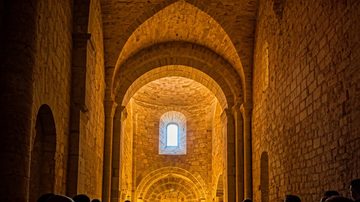 Imatge genèrica de l'interior d'una església romànica amb parets de pedra i llum tènue.