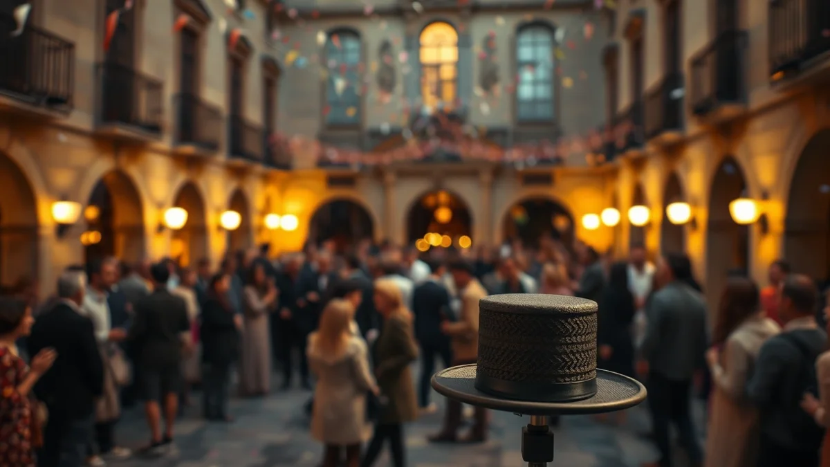 Imatge genèrica d'un escenari d'humor amb un micròfon i il·luminació càlida en un pati exterior.