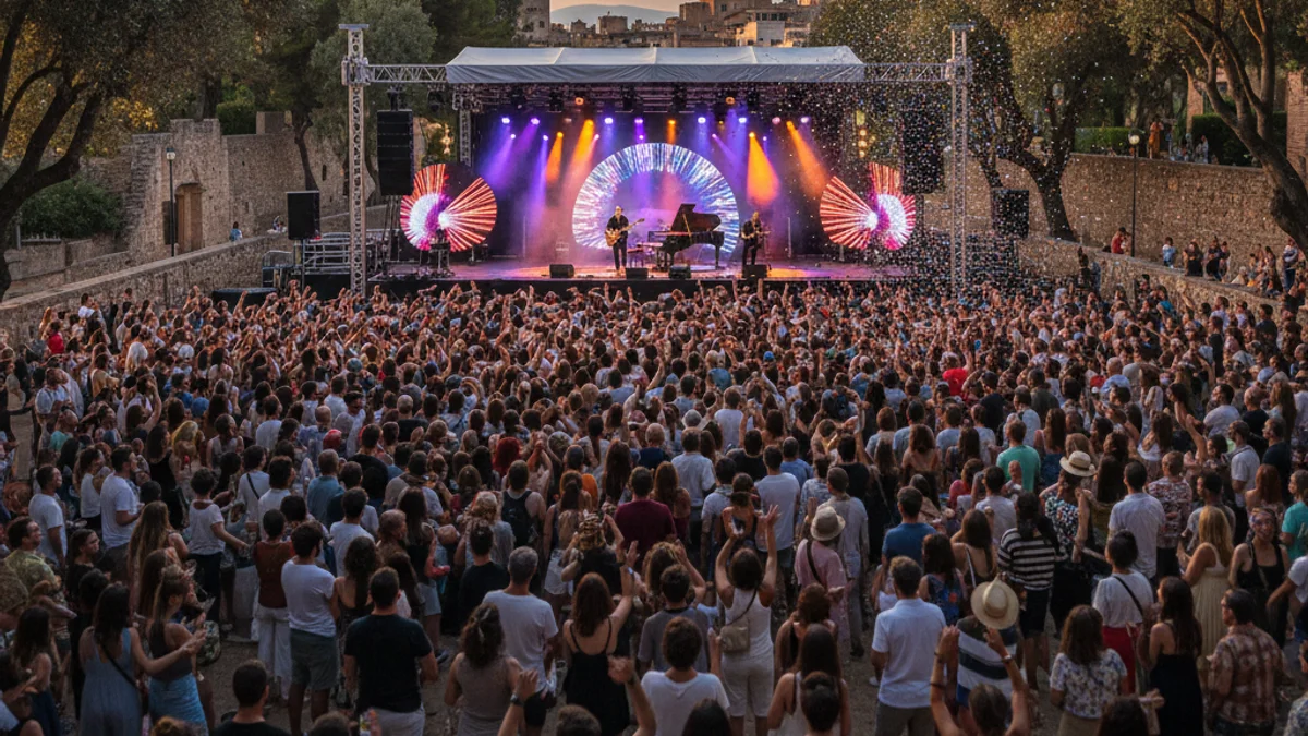 Generic image of an outdoor music festival stage during sunset.
