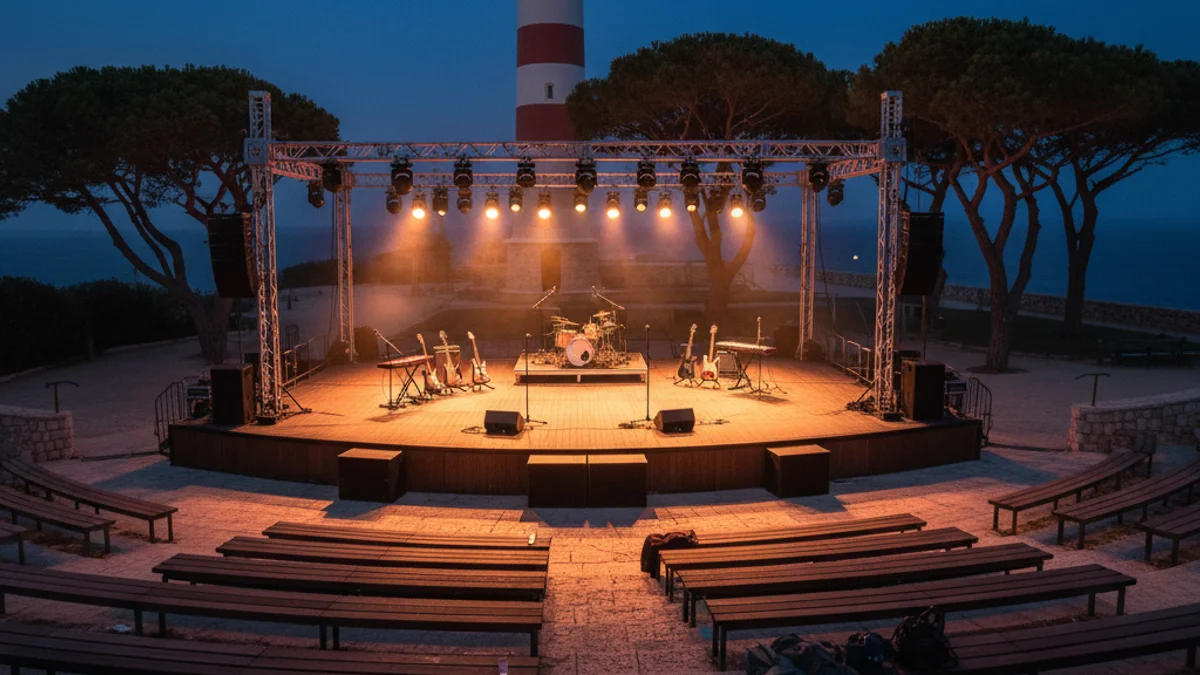 Generic image of an outdoor stage illuminated during sunset in a coastal setting.