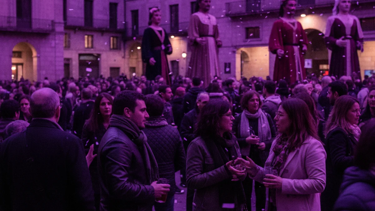 Imagen genérica de una celebración cultural en la calle con iluminación morada y ambiente festivo.