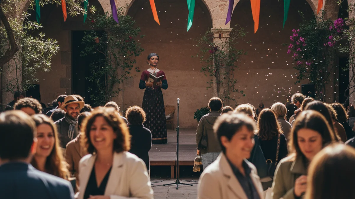 Generic image of a cultural courtyard with a festive atmosphere and feminist decorations during an outdoor event.