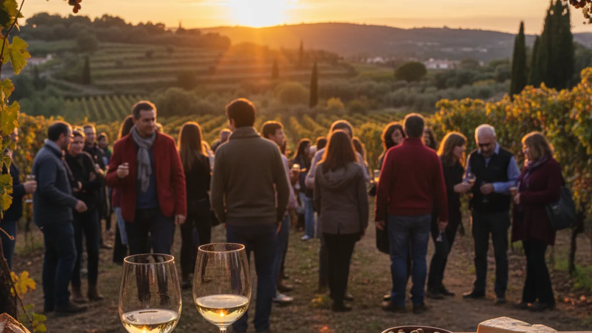 Imatge genèrica d'un esmorzar entre vinyes amb copes de vi i productes locals.
