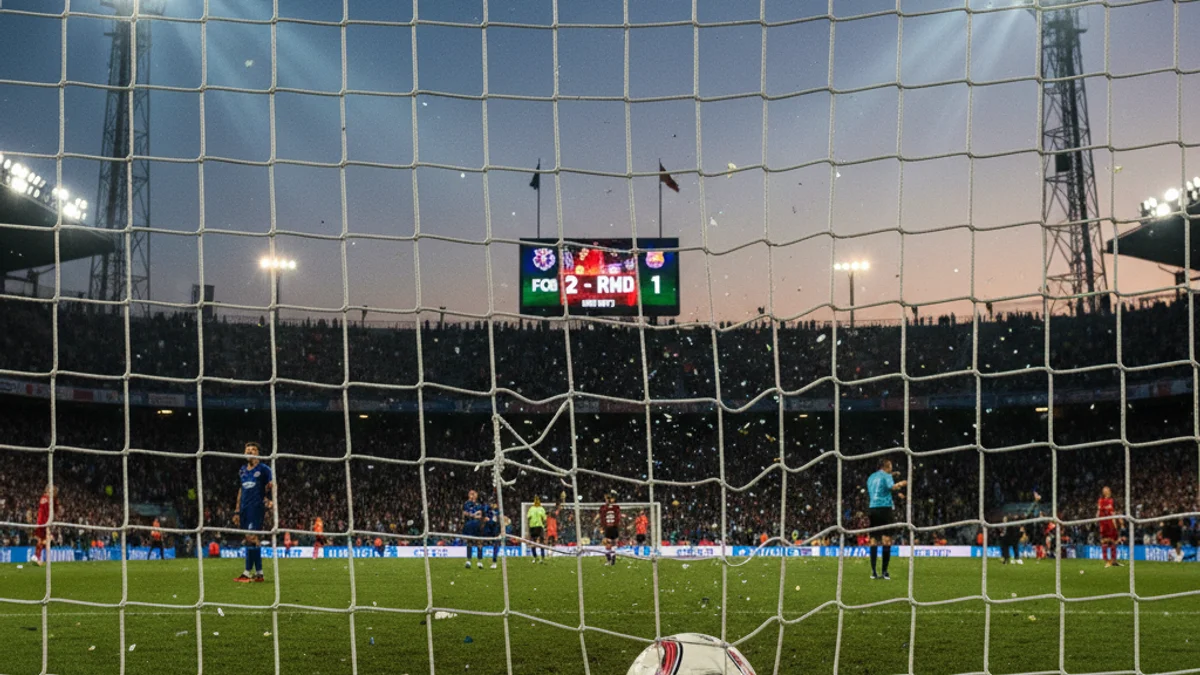 Imatge genèrica d'una porteria de futbol durant un partit al capvespre.