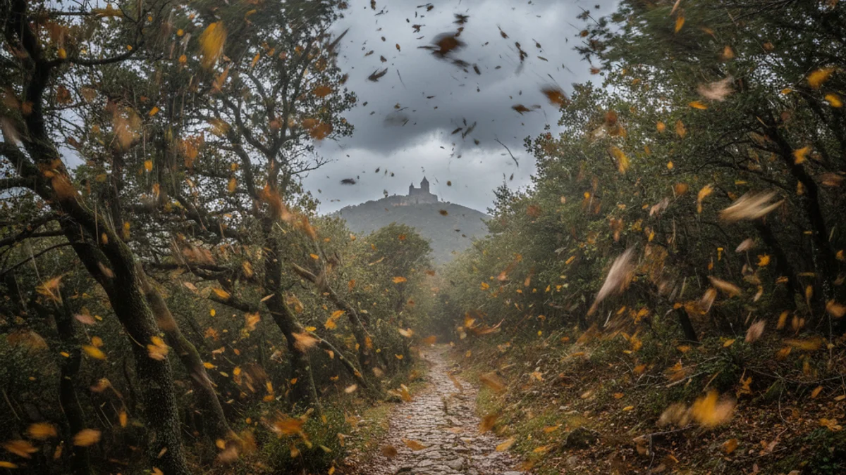 Imatge genèrica d'un camí forestal de muntanya sota un cel tèrbol i ventós.