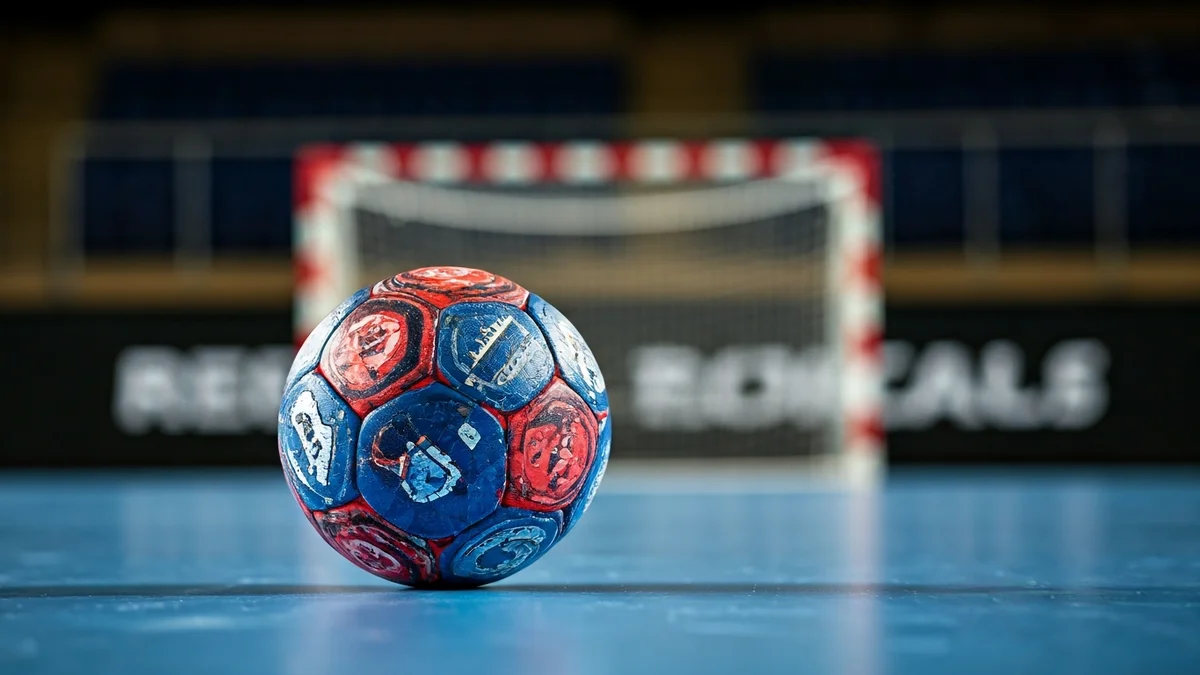 Imatge genèrica d'una pilota d'handbol sobre la pista, amb la porteria desenfocada al fons.
