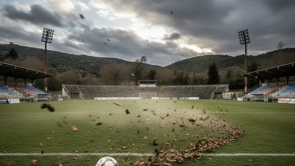 Imatge genèrica d'un camp de futbol buit sota un cel amenaçador per les ventades.