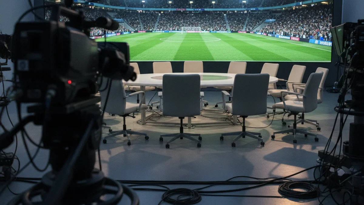 Imatge genèrica d'un plató de televisió amb pantalles que mostren un camp de futbol.