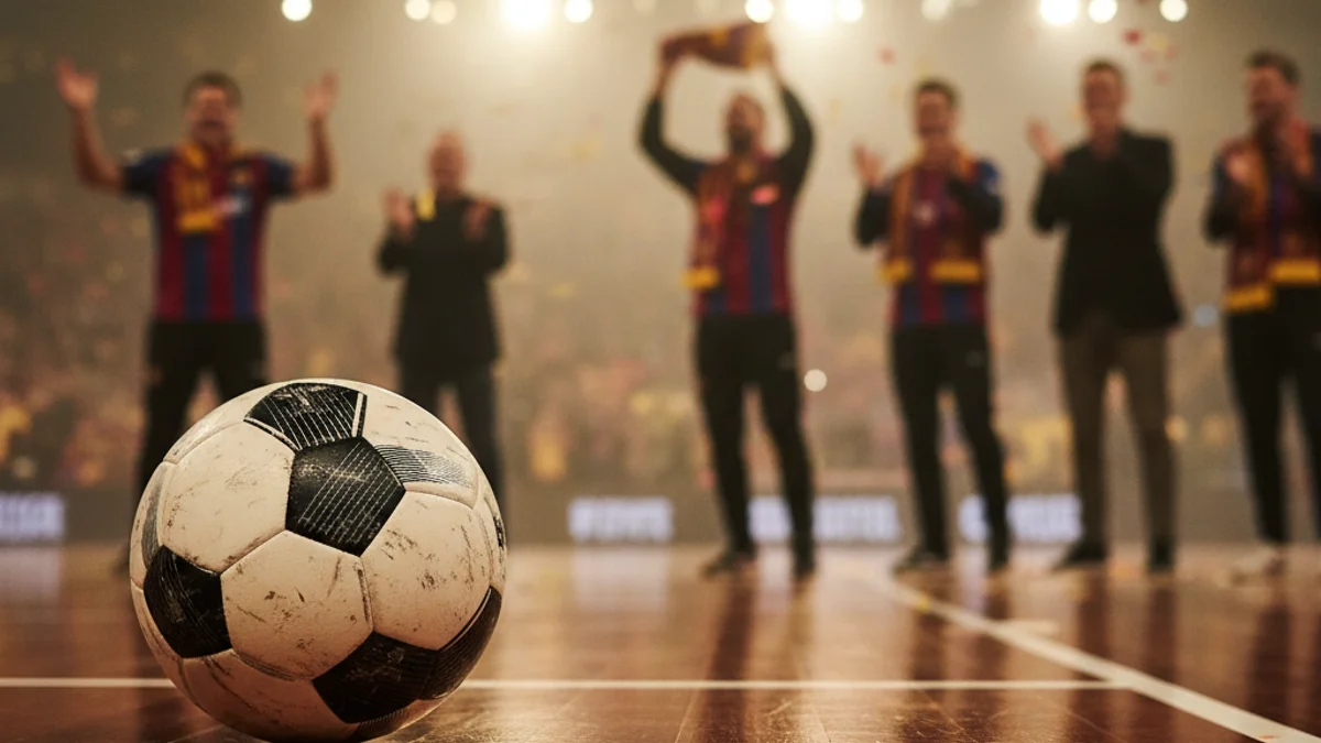 Generic image of a futsal ball on an indoor sports court floor.