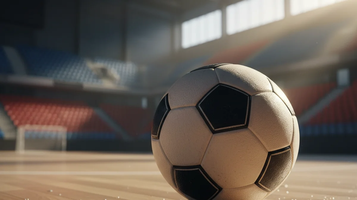 Imatge genèrica d'una pilota de futbol sala en una pista poliesportiva.