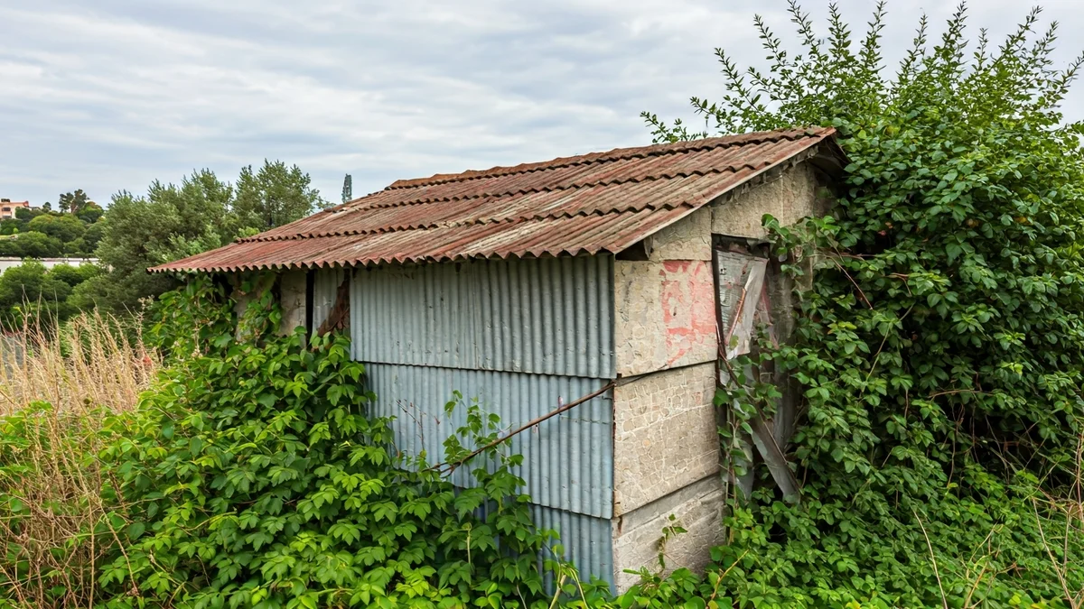 Imagen genérica de una caseta abandonada con tejado de fibrocemento en una zona verde urbana