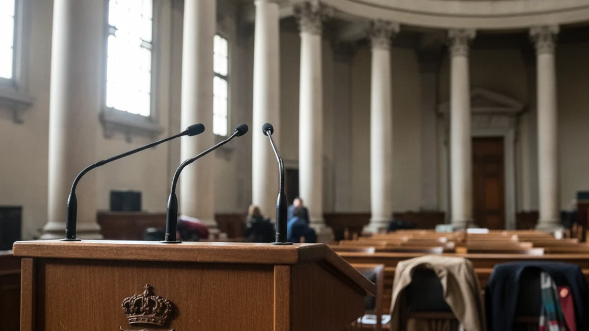 Imagen genérica de un podio institucional con micrófonos en una sala de gobierno.