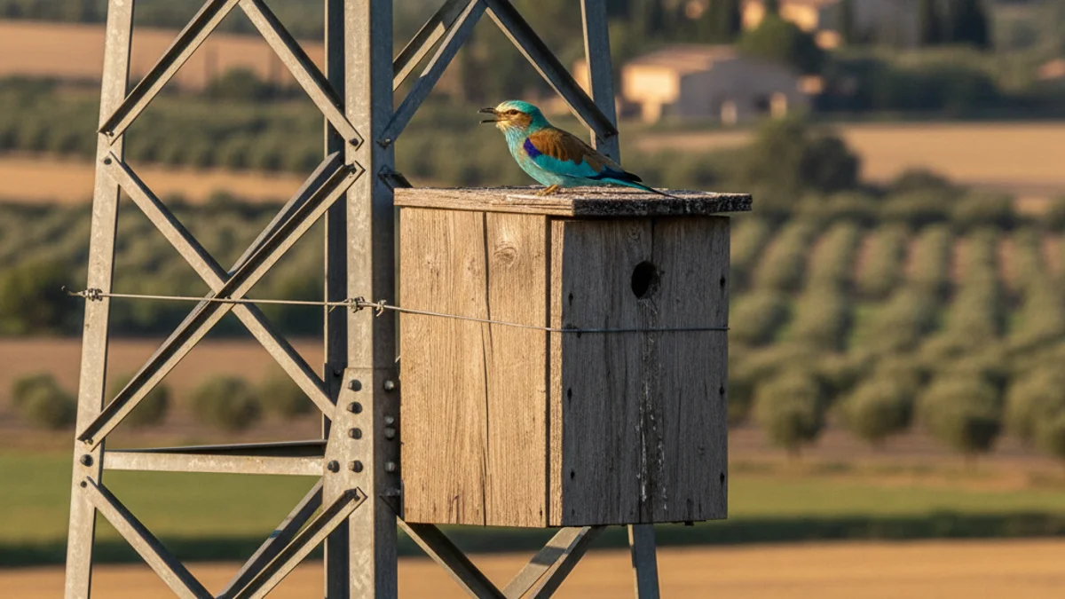 Imatge genèrica d'un gaig blau prop d'una caixa niu en una torre elèctrica.