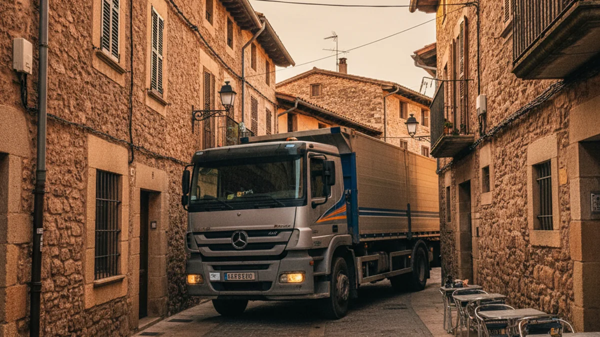 Imatge genèrica d'un camió de gran tonatge circulant per un carrer estret d'un nucli urbà.