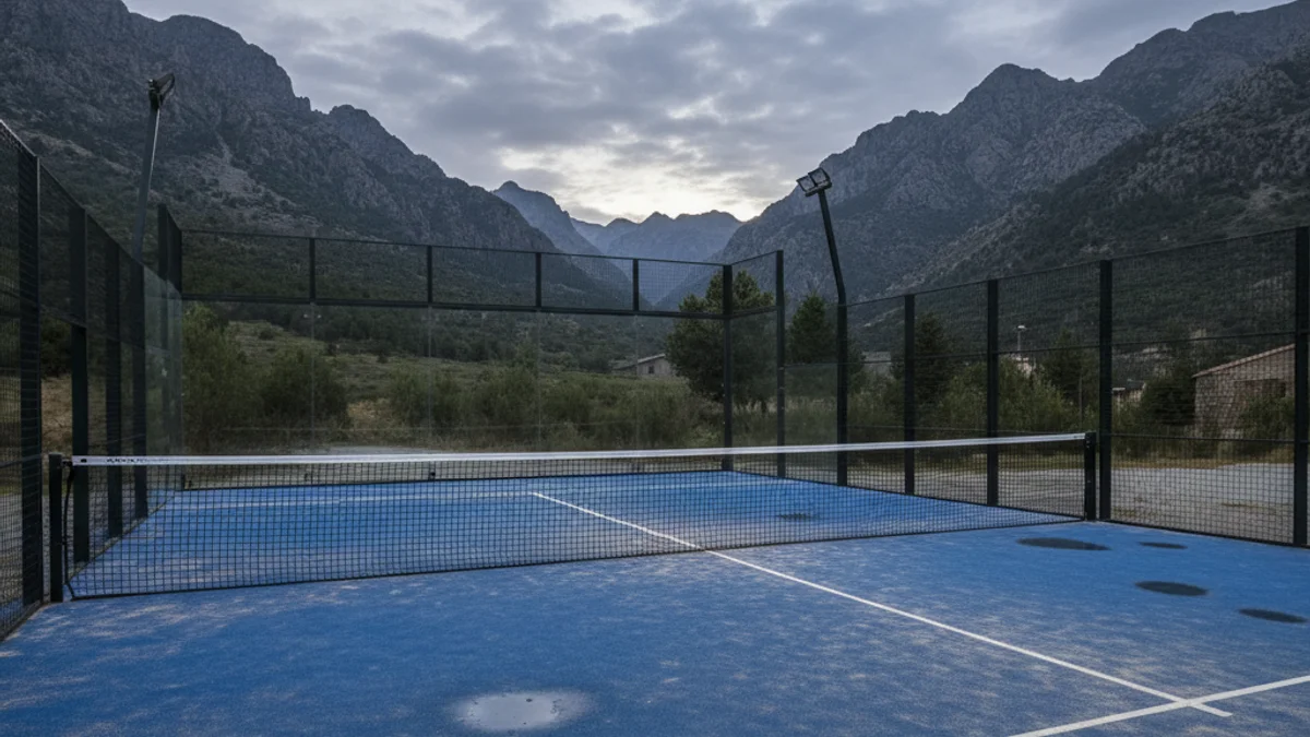 Generic image of an outdoor padel court with a wet surface.