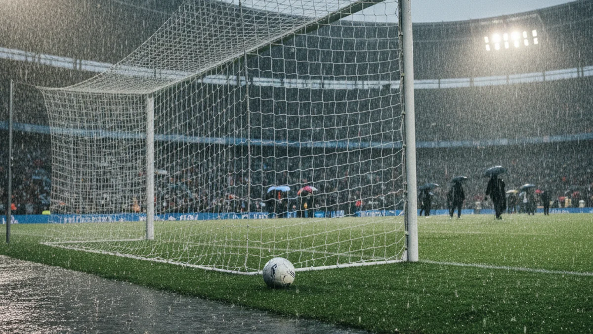 Generic image of a football goal under heavy rain during a night match.