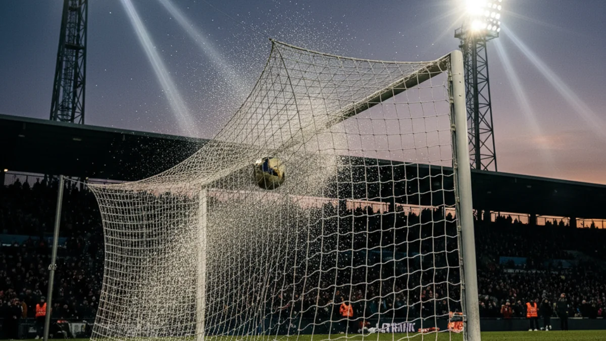 Imatge genèrica d'una pilota de futbol entrant a la porteria durant un partit nocturn.