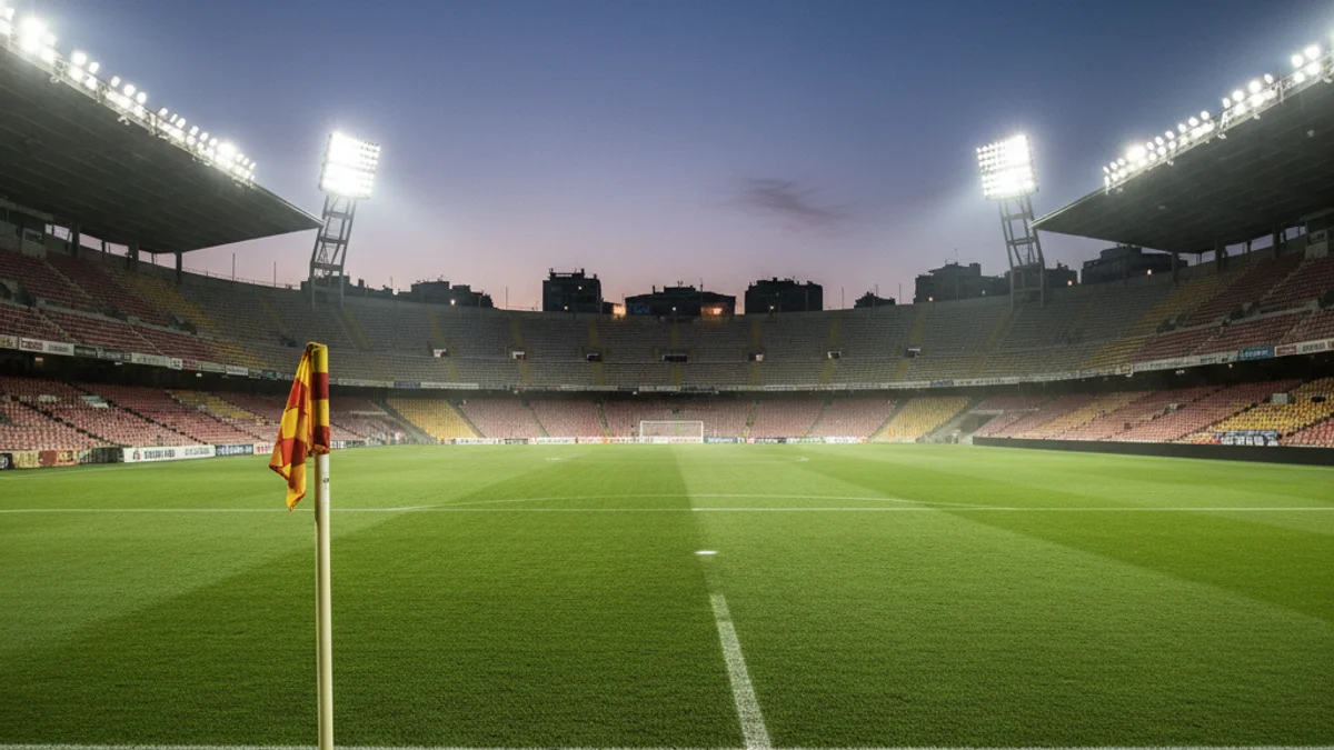 Imatge genèrica d'una pilota de futbol en un estadi buit sota els focus.