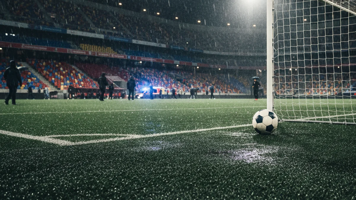 Generic image of a football stadium grass under the rain with floodlights reflecting on the surface.