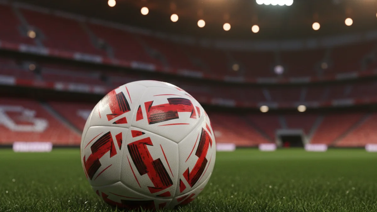 Imatge genèrica d'una pilota de futbol sobre la gespa d'un estadi buit sota els focus.