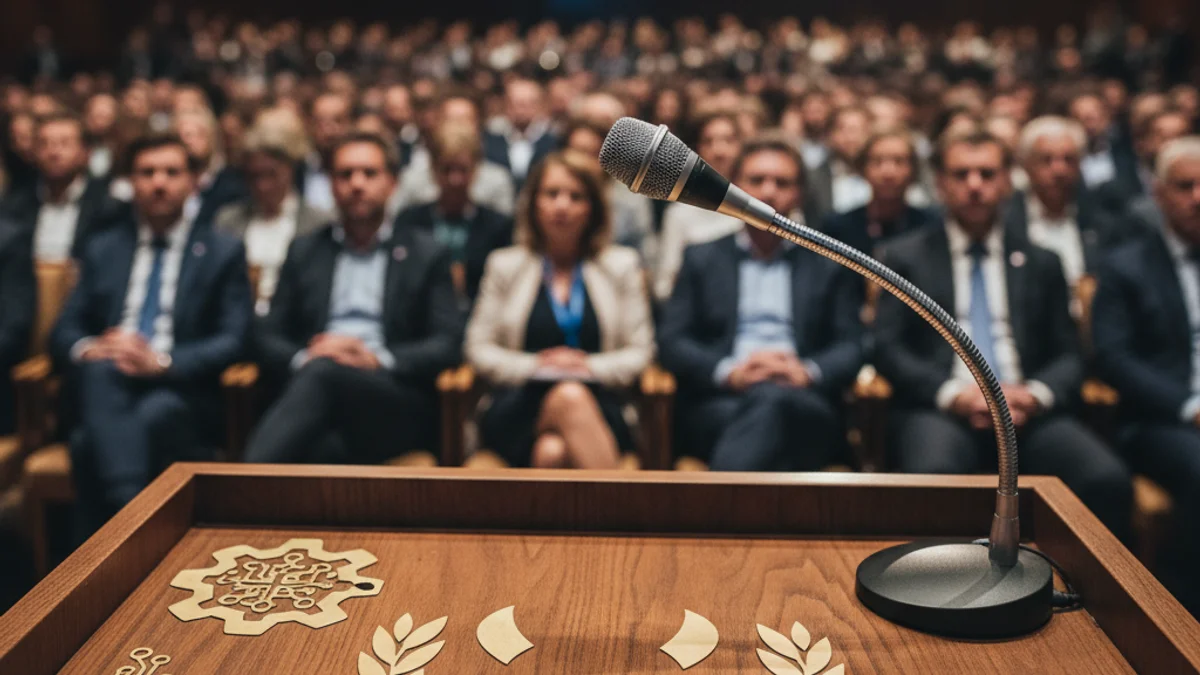 Imatge genèrica d'un micròfon en un podi durant una conferència internacional.