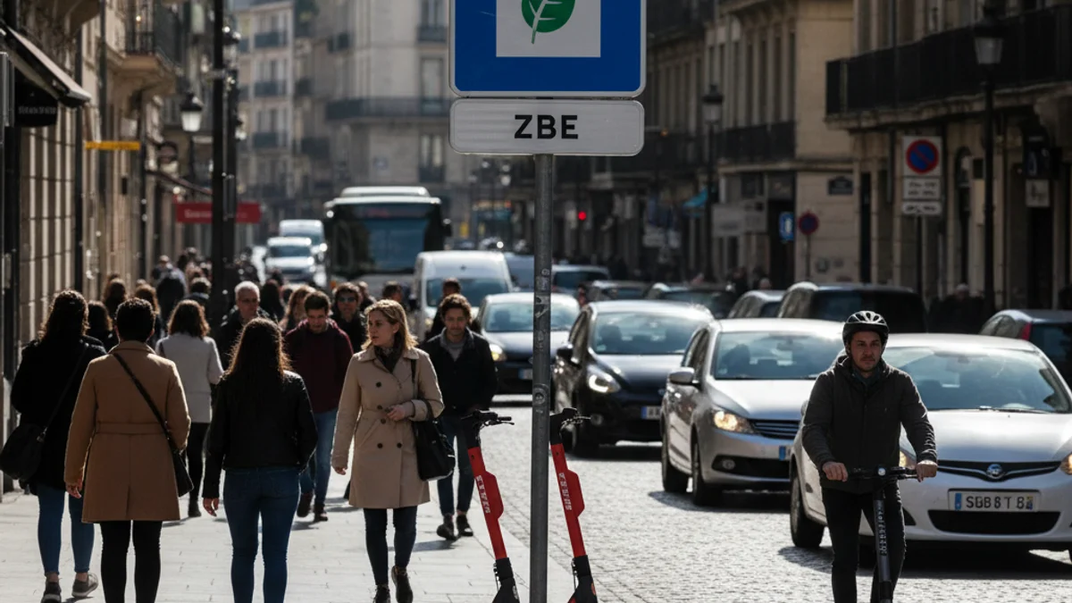 Imatge genèrica d'un senyal de Zona de Baixes Emissions en una via urbana amb trànsit.