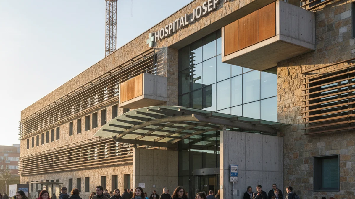 Generic image of the Josep Trueta Hospital facade in Girona with a construction crane in the background.