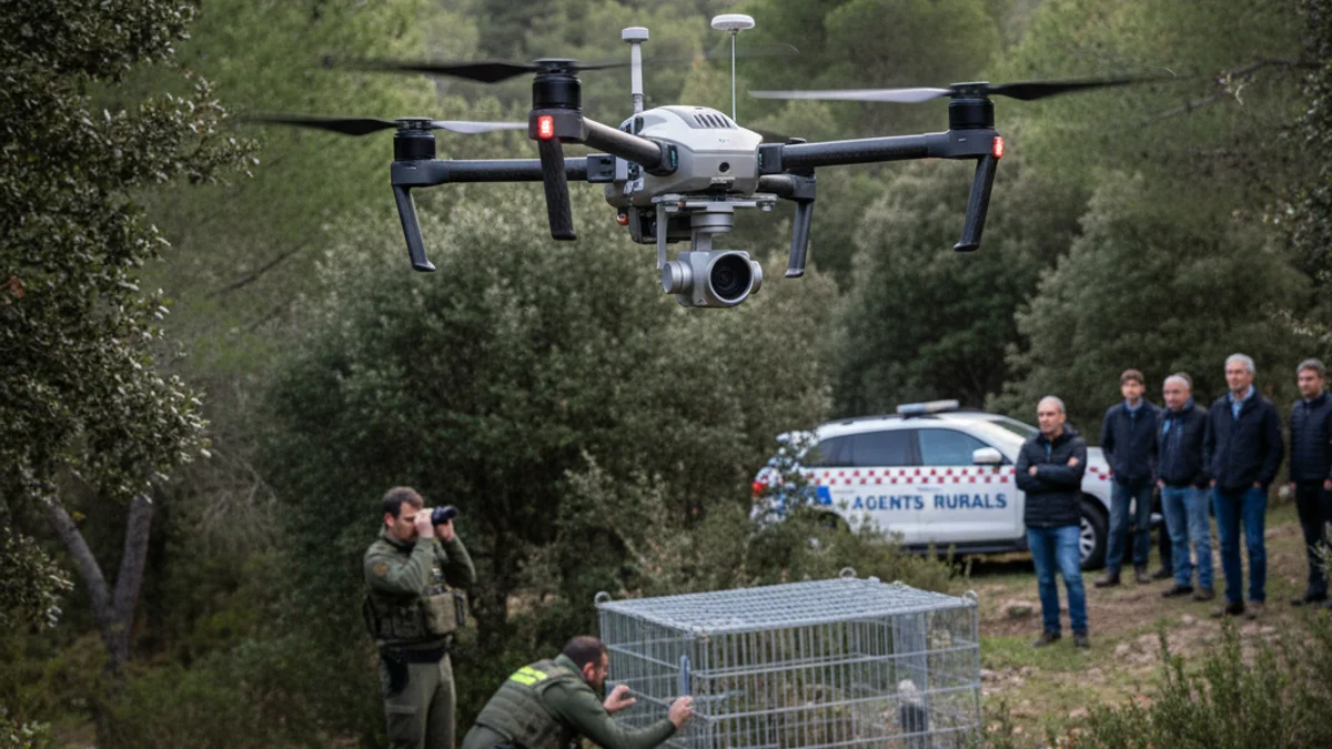 Imatge genèrica d'un dron de vigilància sobrevolant una zona forestal de l'àrea metropolitana.