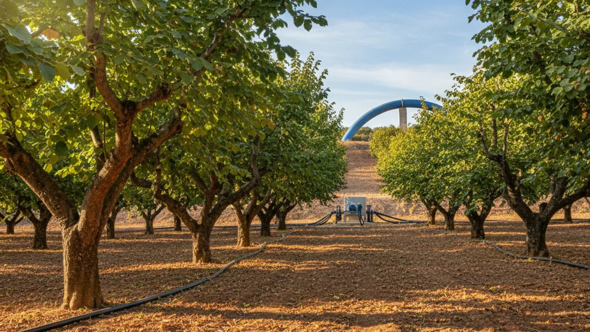 Generic image of a hazelnut field with irrigation systems in the Camp de Tarragona region.