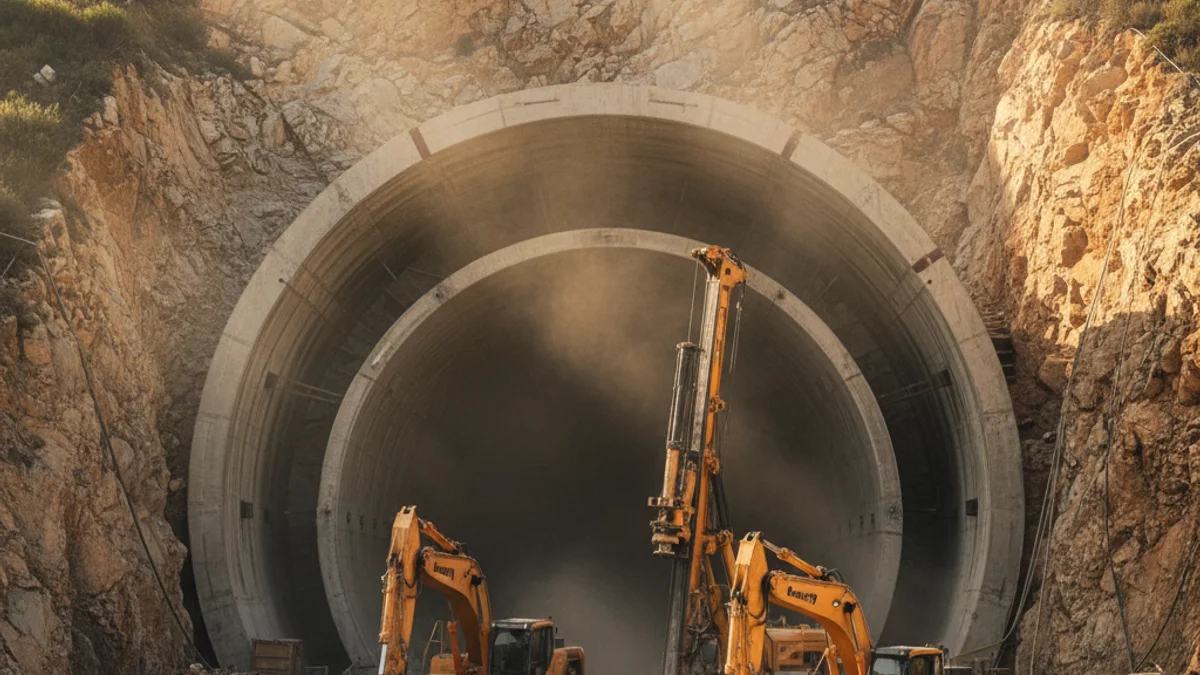 Imatge genèrica de l'entrada d'un túnel ferroviari en construcció en una zona muntanyosa.