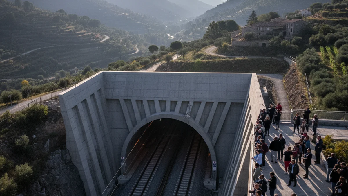 Imagen genérica de la entrada de un túnel ferroviario de alta velocidad en una zona montañosa.