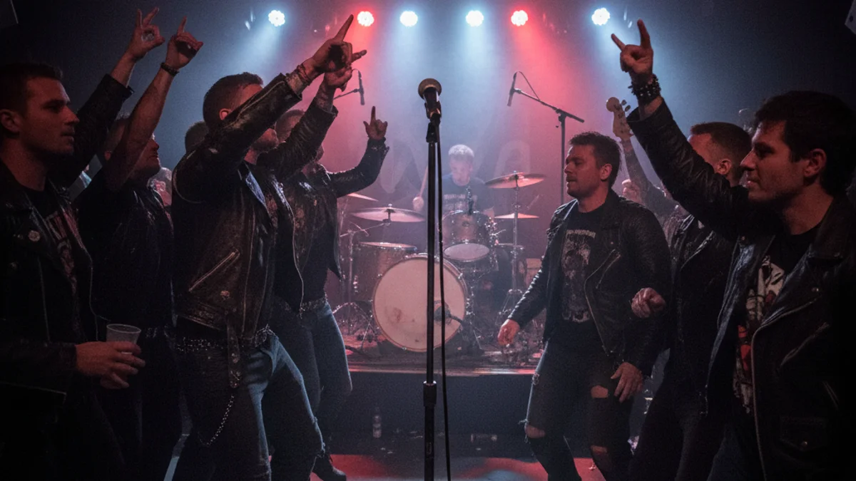 Generic image of a punk music concert in a sports hall with stage lights.