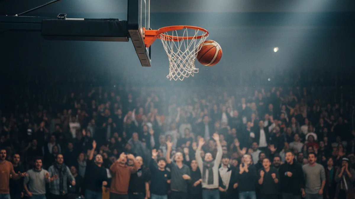 Generic image of a basketball hoop in a professional arena.