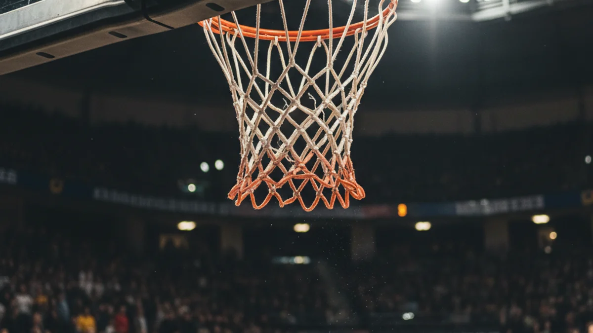 Imatge genèrica d'una cistella de bàsquet en un pavelló amb il·luminació de competició.