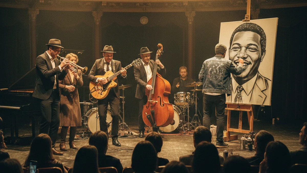 Imagen genérica de un quinteto de jazz actuando en un escenario mientras un artista realiza un grafiti en directo.