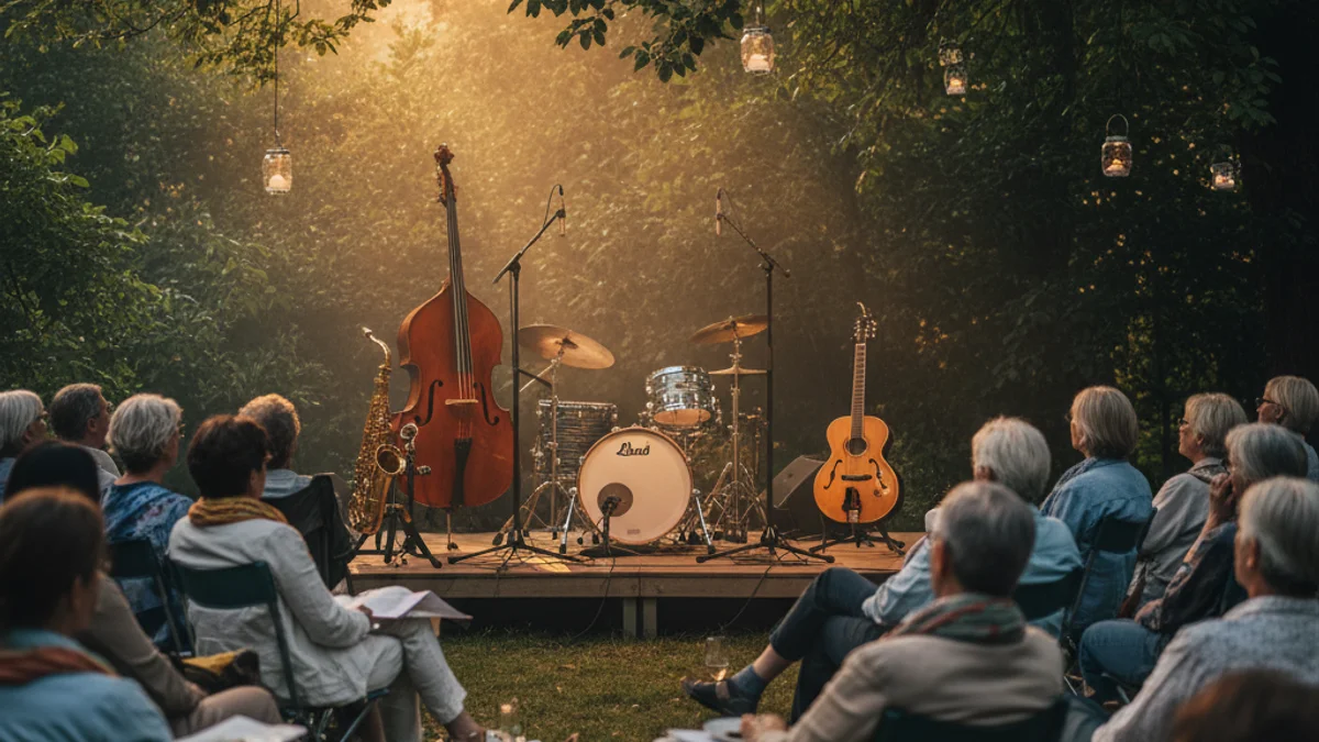 Generic image of jazz instruments on an outdoor stage during a morning concert.