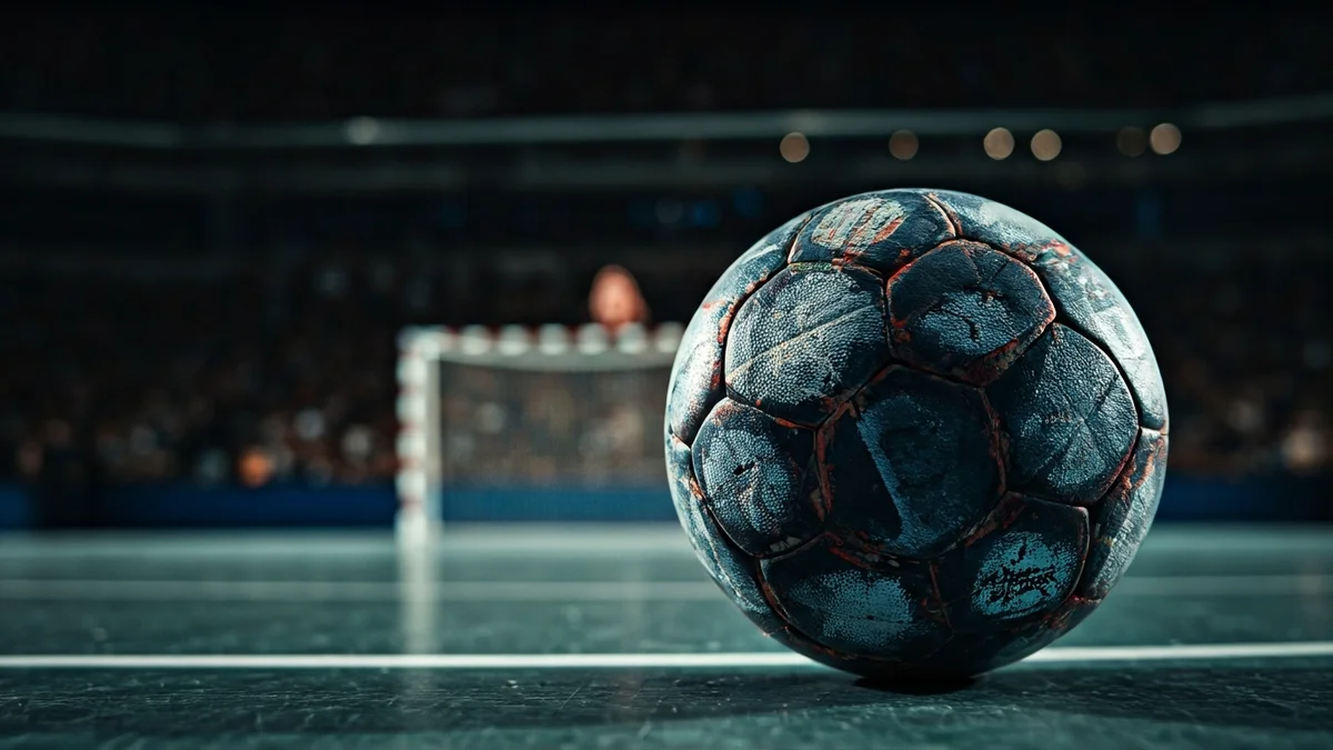 Imatge genèrica d'una pilota d'handbol sobre la pista, amb la porteria desenfocada al fons.